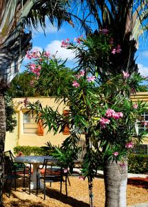 una mesa con sillas y un árbol con flores rosas en Atlantic Hideaway, en Delray Beach