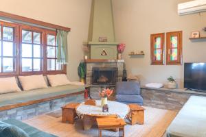 a living room with a couch and a fireplace at Aria Seaview Villa in Vourvourou