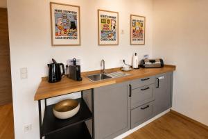 a kitchen with a sink and a counter top at Planet Blue Smartments in Sulzbach an der Murr
