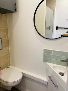 a bathroom with a toilet and a mirror on the wall at Appart'Hotel au Pradet in Le Pradet