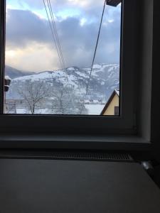 une fenêtre avec vue sur une montagne enneigée dans l'établissement Mini-hotel Megora, à Rakhiv