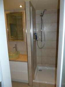 La salle de bains est pourvue d'une douche et d'un lavabo. dans l'établissement Business Gästehaus Sonne, Mond & Sterne, à Brême