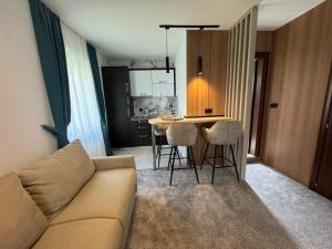 a living room with a couch and a kitchen at Apartments Jovanovic - Alkima in Kotor