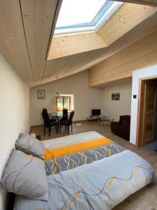 a bedroom with a large bed and a skylight at Le Cras in Soubey