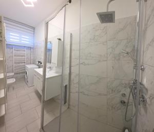 a bathroom with a shower and a sink at Appartamento Silva in Gorizia +9 photos