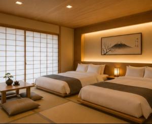 two beds in a room with two windows at Tara Hotel & Spa in Hanoi