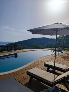 a chair with an umbrella next to a swimming pool at Cave Luxury Villas Skiathos in Troulos