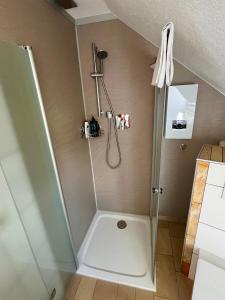 a shower with a glass door in a bathroom at Free Living Freistadt in Freistadt +22 photos