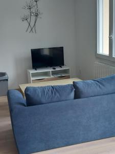 a blue couch in a living room with a tv at L'Olivier in Les Mazures