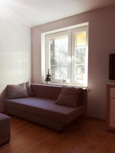 a living room with a couch in front of a window at Apartament Patryk in Szklarska Poręba