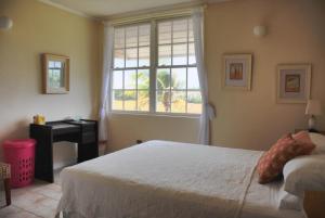 a bedroom with a bed and a window and a desk at Mermaid Apartments in Saint Philip