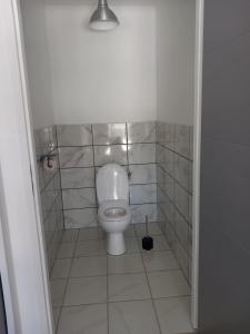 a bathroom with a toilet with a tile wall at L'Olivier in Les Mazures +3 photos