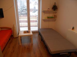 クリニツァ・ズドルイにあるApartament Kraszewskiegoのベッド、テーブル、窓が備わる客室です。