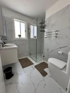 a white bathroom with a shower and a toilet at Serenity Valley Brooklyn in Brooklyn +19 photos