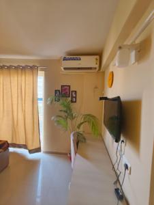a living room with a tv and a plant at Lord krisna place --Near Prem Mandir & ISKCON in Vrindāvan