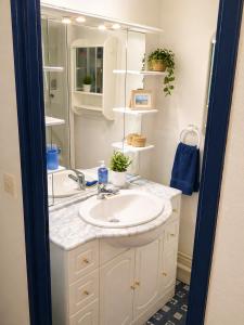 a bathroom with a sink and a mirror at Bel appart vue lac in La Grande Motte