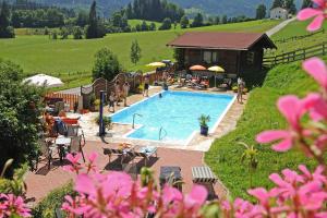 una piscina en un campo con una casa en Alpin Apart, en Flachau