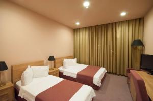 a hotel room with two beds and a television at Hotel Anaklia in Zugdidi