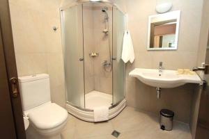 a bathroom with a shower and a toilet and a sink at Hotel Anaklia in Zugdidi