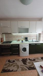 a kitchen with a washing machine and a sink at Apartament RHC in Târgu Ocna