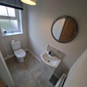 a bathroom with a toilet and a sink and a mirror at Semos in Strabane +17 photos