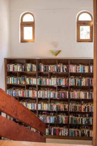 a library with shelves filled with books and windows at ILIDI Rock in Livadia