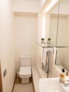 a white bathroom with a toilet and a sink at Moldavian Luxury in Chişinău
