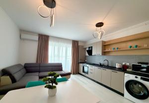 a kitchen and living room with a couch and a table at DOCA Apartments 10 in Otopeni