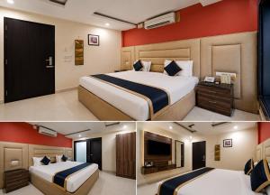 two pictures of a hotel room with a bed and a tv at Signature Suites Chennai in Chennai