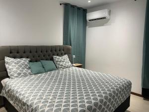 a bedroom with a bed with a gray and white comforter at Tycoon Luxury, SPA Privatif, Lit XXL, Cinema in Matoury