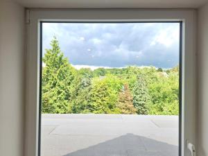a sliding glass door with a view of a forest at Helle Dachgeschosswohnung, neu renoviert & ruhig in Wolfenbüttel