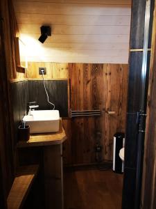 a bathroom with a white sink and wooden walls at la Petite Grange Escouaraou in Melles +22 photos