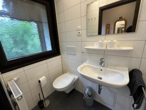 a bathroom with a sink and a toilet and a window at Ferienhaus Abendgold in Waldbrunn +14 photos