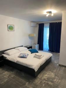 a bedroom with a bed with a blue pillow on it at Vama Stone House in Vama Veche