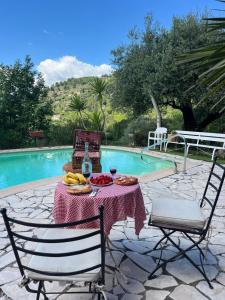 a table with a plate of food on it next to a pool at Le souffle des montagnes in Levens +28 photos