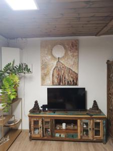a living room with a television on a table at Cocon de Grand Anse in Petite Île