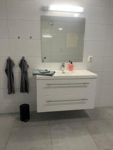 a bathroom with a white sink and a mirror at Hammervatnet Ro in Levanger +12 photos