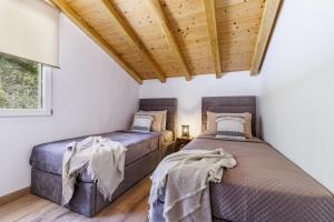 two beds in a room with wooden ceilings at Villa Aegea in Skopelos Town +56 photos