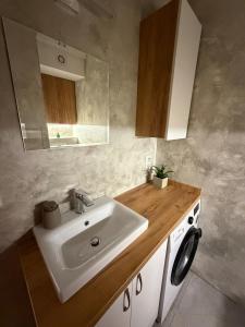 a bathroom with a sink and a mirror at Modern stylish apartment in Prievidza +26 photos