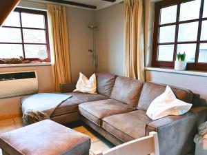 a living room with a brown couch and two windows at Reetmeer Apartments Spa & Reetdach am Salzhaff in Boiensdorf