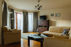a living room with two couches and a coffee table at Biosfera Klingeis in Avrig