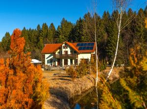 a house with solar panels on it in the woods at Biosfera Klingeis in Avrig +36 photos