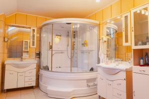 a bathroom with a shower and two sinks at Biosfera Klingeis in Avrig