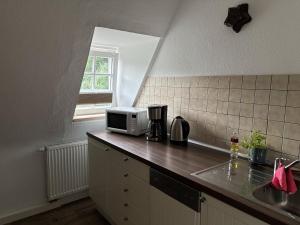 a kitchen with a sink and a microwave on a counter at Ferienwohnung Fluss & Fels in Stadt Wehlen