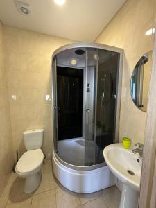 a bathroom with a shower and a toilet and a sink at Villa Bossa in Zatoka +51 photos