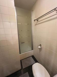 a bathroom with a toilet and a glass shower at Zilte bries in Nieuwpoort +26 photos