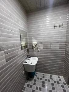a bathroom with a sink and a mirror at Hamilton Plaza Hotel in Diyānah