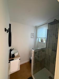 a bathroom with a glass shower and a sink at Fajana de Trevejo in Garachico