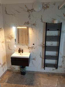 a bathroom with a sink and a mirror on a wall at Áporka vendégház in Áporka