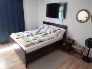 a bedroom with a bed with a television on the wall at Central 2, nice two room apartment, free bus, city tax included in Lucerne